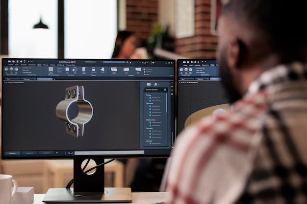 Profesional de construcciones metálicas trabajando con software de diseño CAD integrado con ERP para la gestión de piezas industriales.