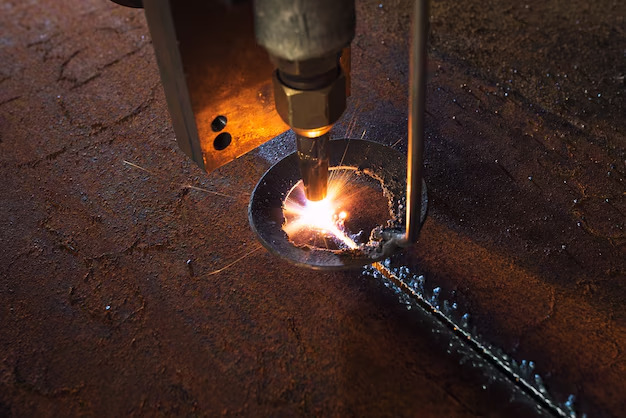 Máquina de corte por plasma realizando perforación en chapa de acero en empresa de construcciones metálicas gestionada con ERP.